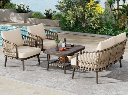 4 Piece Outdoor Patio Furniture Set, Metal Chairs With Woven Rope U Shaped Backrest