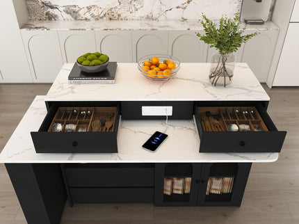 Kitchen Island With Extendable Rotating Table, 4 Drawers & Glass Door Cabinets, Built In Socket - Black