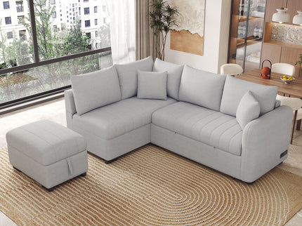 L-Shaped Sectional Pull Out Sofa Bed Sleeper Sofa With Two USB Ports, Two Power Sockets And A Movable Storage Ottoman