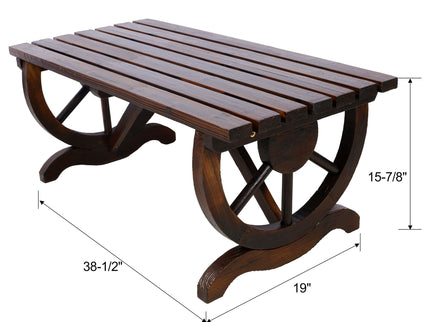 Rustic Wooden Bench With Wagon Wheel Legs For Garden And Patio - Brown