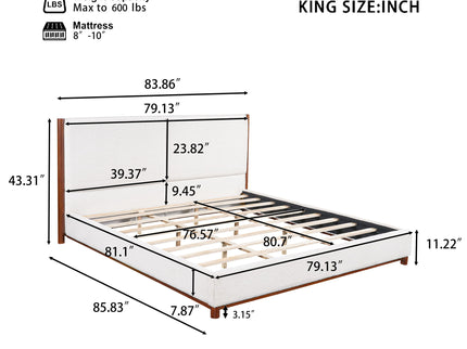 King Upholstered Bed Frame, No Box Spring Needed - Walnut / White