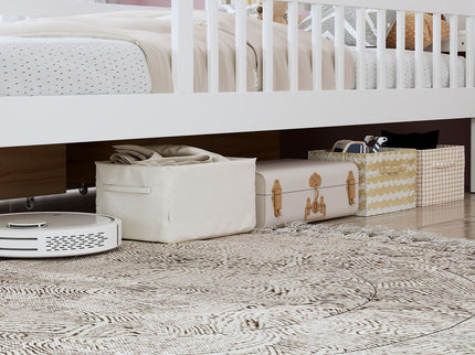Bed With Headboard Storage Rack, 2 Under Bed Drawers, 3 Side Guardrails For Safety