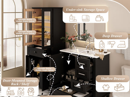 Bathroom Vanity & Tall Storage Cabinet Set With Doors, Adjustable Shelves, Soft Close Hinges, Sink