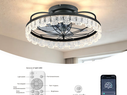 Ceiling Fan With Light, Flower Caged Ceiling Fan With Remote, LED Low Profile Ceiling Light - Matte Black