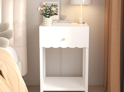 Nightstand With Drawer And Open Shelf, Scalloped Edge Bedside Table