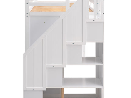 Loft Bed With 3 Shelves, 2 Wardrobes, 2 Drawers, Ladder Storage