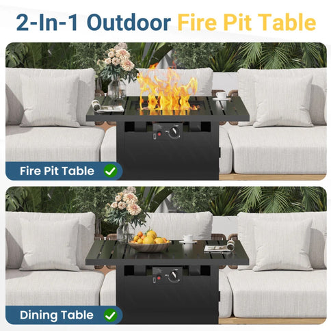 Square 2 In 1 Outdoor Propane Fire Pit Table With Stainless Burner, Lava Rocks, Lid & Waterproof Cover - Black