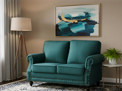 Loveseat Sofa With Nailhead Detail & Turned Legs, 2 Seater Upholstered Couch