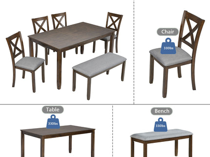 6 Pieces Kitchen Dining Set, Rectangular Wooden Dining Table With 4 Chairs And A Bench
