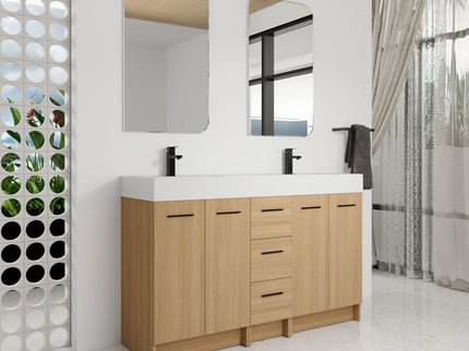 Double Sink Bathroom Vanity With 3 Drawers, Large Storage, Integrated Sink, Freestanding Cabinet, Soft Close Hardware - Glossy White / Light Oak