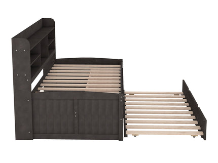 Captain Bed With Built In Bookshelves, 3 Storage Drawers, And Trundle