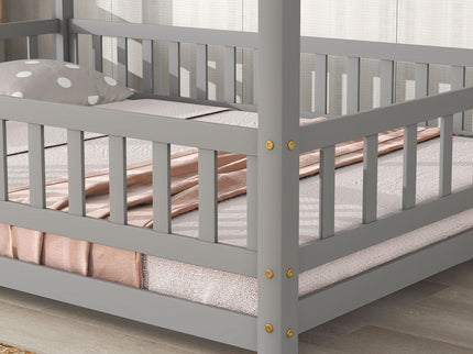 Floor Wooden Bed With House Roof Frame, Fence Guardrails