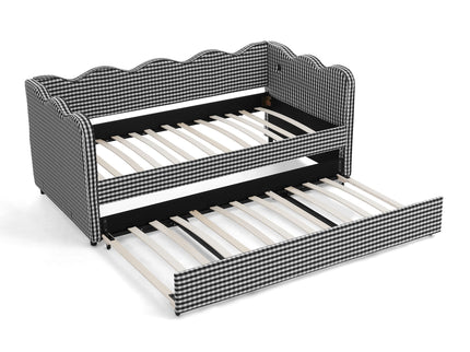 Gingham Daybed With USB Charging Port, Wave Shaped Design