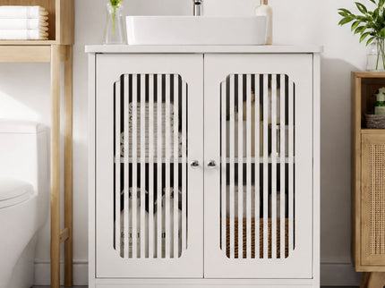 Louvered Double Door Floor Standing Bathroom Vanity Cabinet With Adjustable Shelf - White