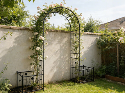 Metal Garden Arch With Two Plant Stands Wide High Climbing Plants Support Rose Arch Outdoor - Black