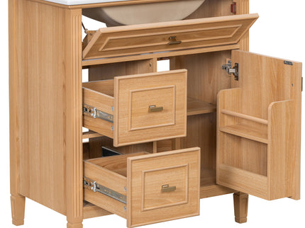 Bathroom Vanity With Sink, Flip Drawer & Adjustable Shelf - Natural