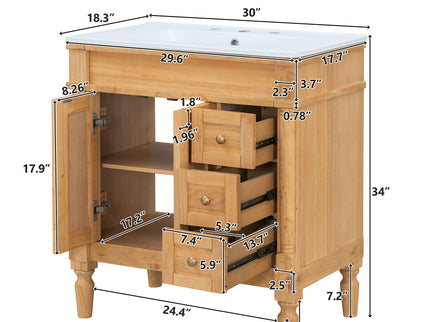 Modern Bathroom Vanity With Ceramic Sink, Soft Close Doors, Adjustable Shelves