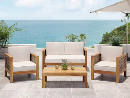 Outdoor 4 Seater Acacia Wood Chat Set With Wicker Accents And Cushions - Teak / Mixed Brown / Beige