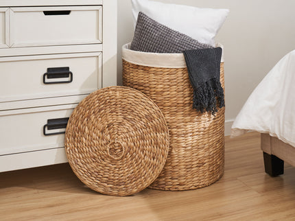 Round Tall Water Hyacinth Woven Wicker Laundry Hamper With Lid - For Clothes, Toys And Book Storage With Removable Liner - 15" X 15" X 20" - Natural Brown