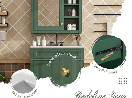 Bathroom Vanity With Top Sink, 2 Doors And 3 Drawers, Freestanding Set With Mirror Cabinet