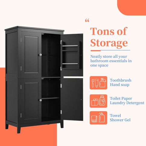Elegant Bathroom Floor Storage Cabinet With 4 Doors, Adjustable Shelves