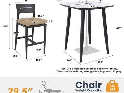 5 Pieces Outdoor Patio Bar Set, Rounded Square Table & 4 Aluminum Bar Stools