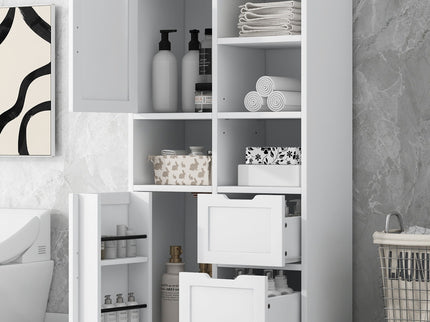 Freestanding Bathroom Storage Cabinet With Doors And Drawers, Adjustable Shelf, Open Shelves - White