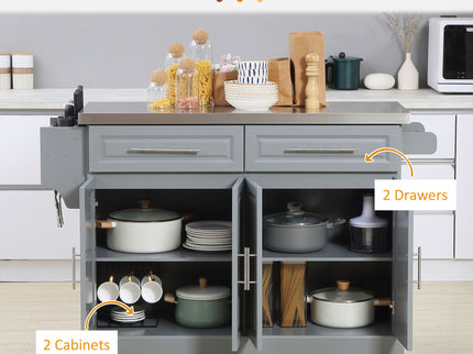 Homcom - Rolling Kitchen Island With Storage, Portable Kitchen Cart With Stainless Steel Top, 2 Drawers, Spice, Knife And Towel Rack And Cabinets