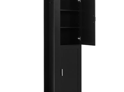 Tall Freestanding Bathroom Storage Cabinet With Adjustable Shelves And Side Hooks
