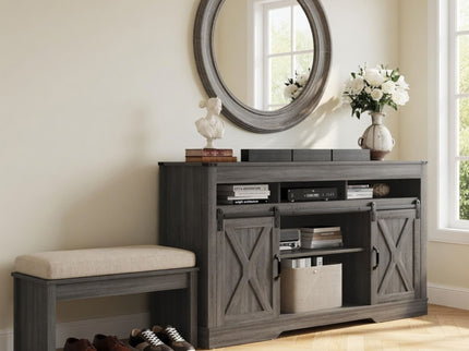 Farmhouse TV Stand With Sliding Barn Doors & Adjustable Storage