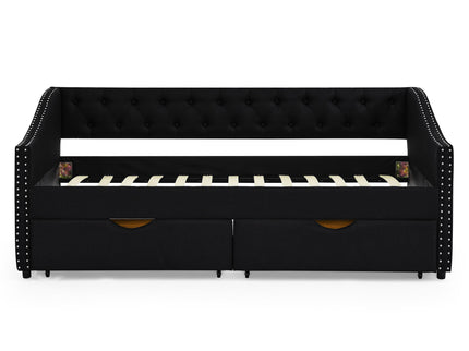 Upholstered Tufted Daybed With 2 Drawers, Waved Arms