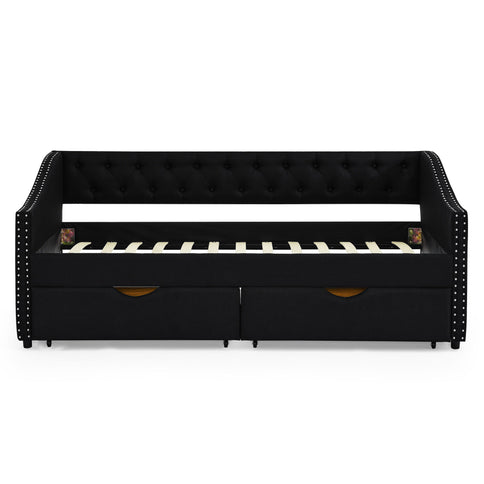Upholstered Tufted Daybed With 2 Drawers, Waved Arms