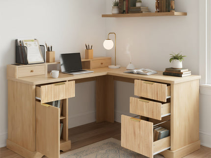 Fluted L-Shaped Desk With Charging Station & Storage Cabinet
