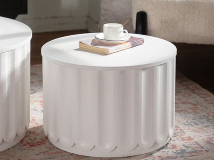 Round Storage Table Set With Lift Off Lid, Nesting Design, Elegant Curved Edge Shape For Living Room - Cream White