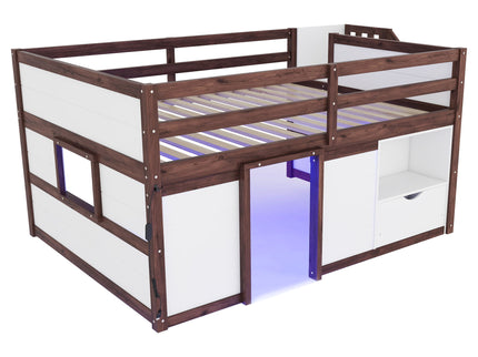 Low Loft Bed Frame With Built In Stairs, Storage Drawer, Shelf And 7 Color LED Light