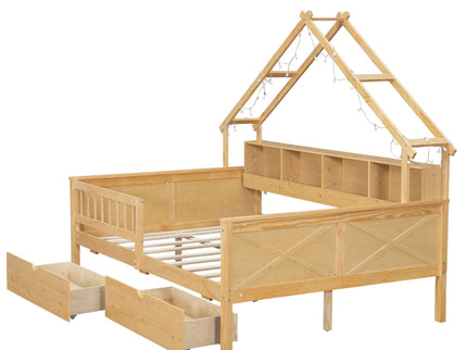 House Style Platform Bed With LED Lights, Storage Shelves, Drawers, And Guardrail