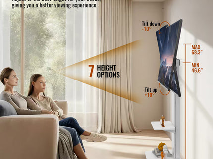 Mobile TV Stand With Shelf Floor Mount Cart For TVs With Lockable Wheels Ideal For Living Room Bedroom Or Office - White