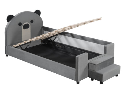 Upholstered Daybed With Bear Shaped Headboard, Hydraulic System And Breathable Fence