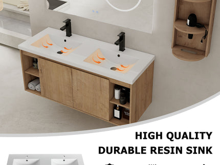 Modern 48" Wall Mounted Bathroom Vanity With Double Resin Sink And Storage Rack Soft Close Doors - Imitative Oak