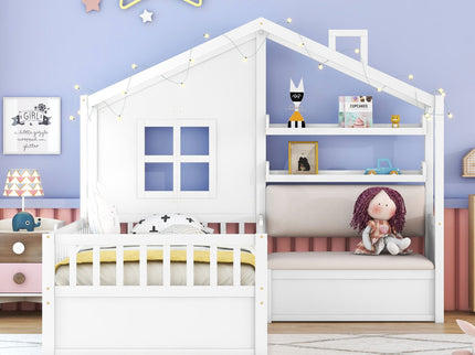 House Bed With Sofa, Kids Platform Bed With 2 Drawers And Storage Shelf