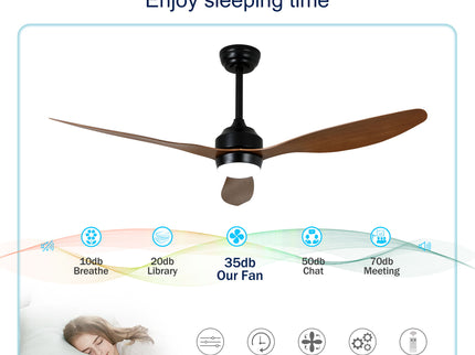 Ceiling Fan With Lights Quiet DC Motor 3 Blade Ceiling Fans 6 Speed Levels, Reversible Ceiling Fan - Matte Black / Wood