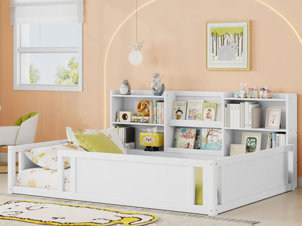 Platform Floor Bed With Guardrail Fence And Side Storage Shelves