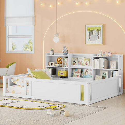 Platform Floor Bed With Guardrail Fence And Side Storage Shelves