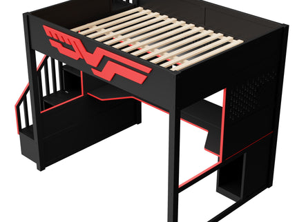 Full Gaming Loft Bed With Desk And Storage Staircase, LED Lights And USB - Red / Black