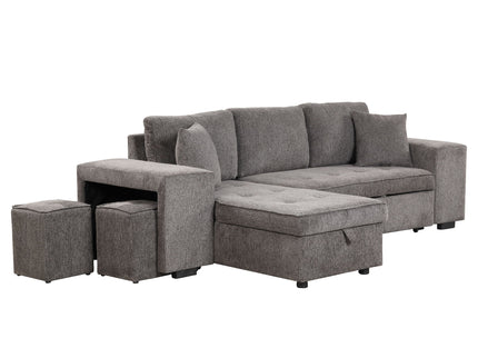 Modern L-Shape 3 Seat Reversible Sectional Couch, Pull Out Sleeper Sofa With Storage Chaise And 2 Stools For Living Room Furniture Set