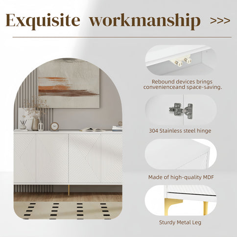 Modern Wood Sideboard Cabinet With Carved Door Panels, Adjustable Shelves, And Sturdy Metal Legs