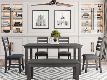 Dining Set For 6, Upholstered Chairs, Includes Table, 4 Chairs, And 2 Person Bench - Gray