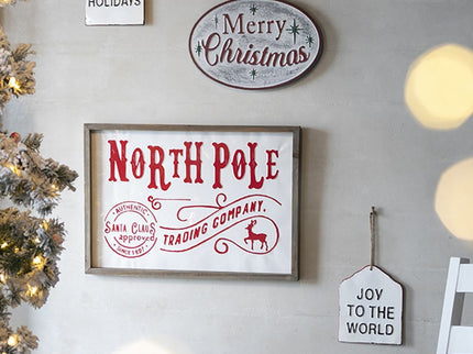 Iron / Wood North Pole Trading Company Wall Sign, For Christmas Holiday Table Wall Decor - White / Red