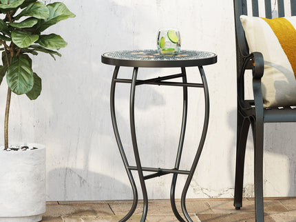 Outdoor Side Table With Tile Mosaic Table Top - Black