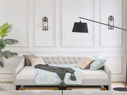 Upholstered Tufted Daybed With Drawers, Waved Arms